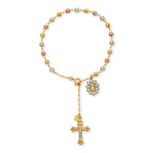 The charm features a O/L of Peace medal Patron Saint El Salvador Silver Plate Rosary Bracelet features 6mm Aqua Fire Polished beads The Crucifix measures 5/8 x 1/4 